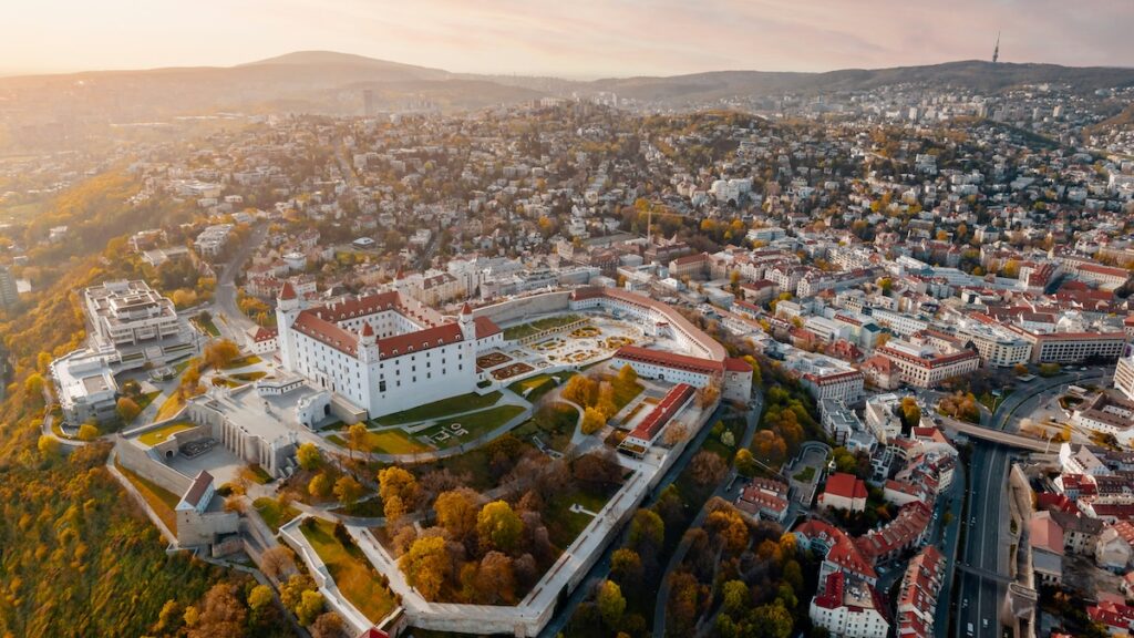 aerial view of Bratislava, Slovakia medieval castle and Old Town European city