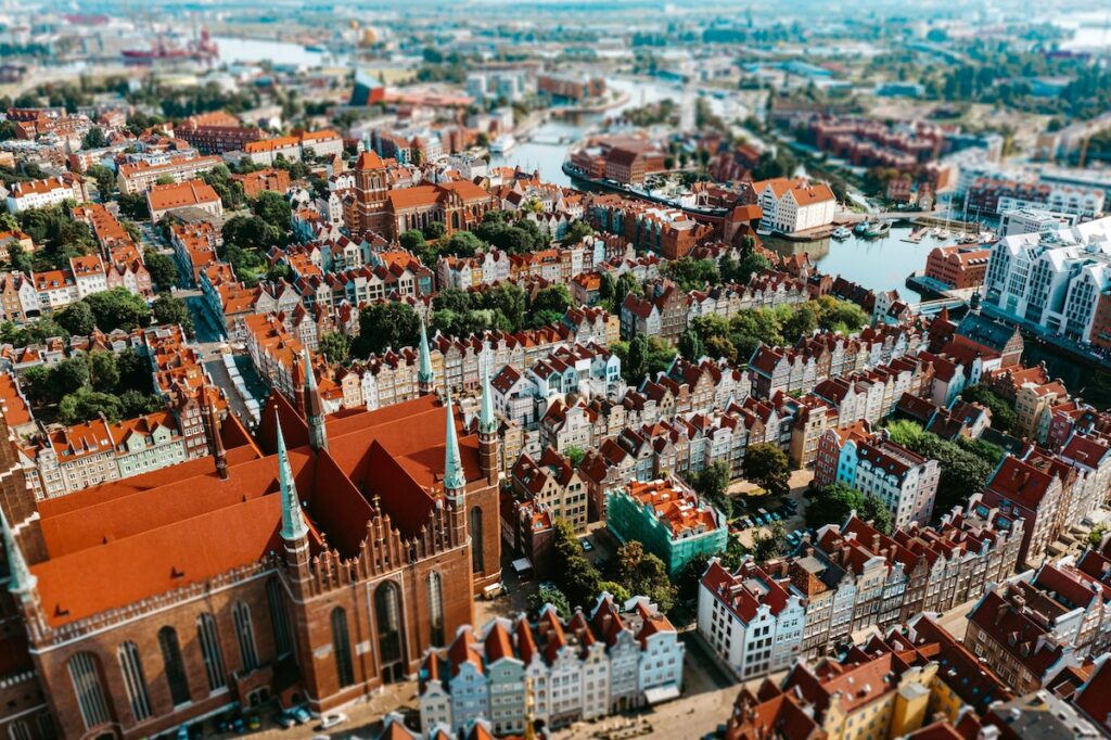 aerial view of Gdańsk, Poland architecture and St. Mary's Church European city