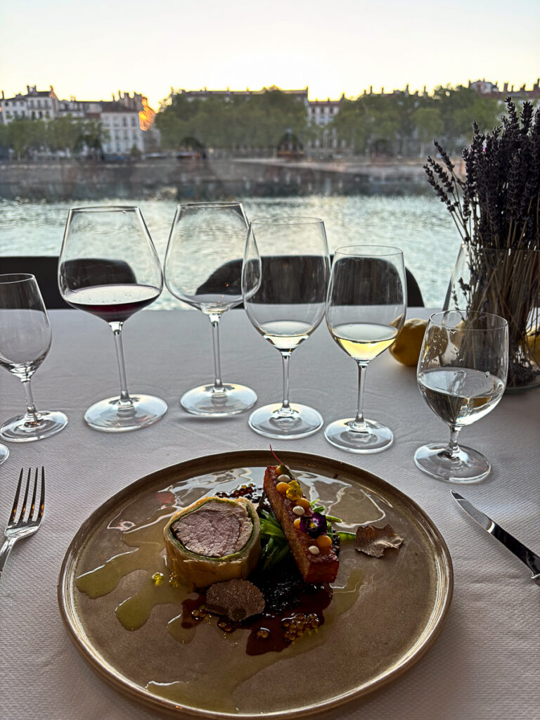 fine dining plated main course with wine pairing overlooking Rhone river